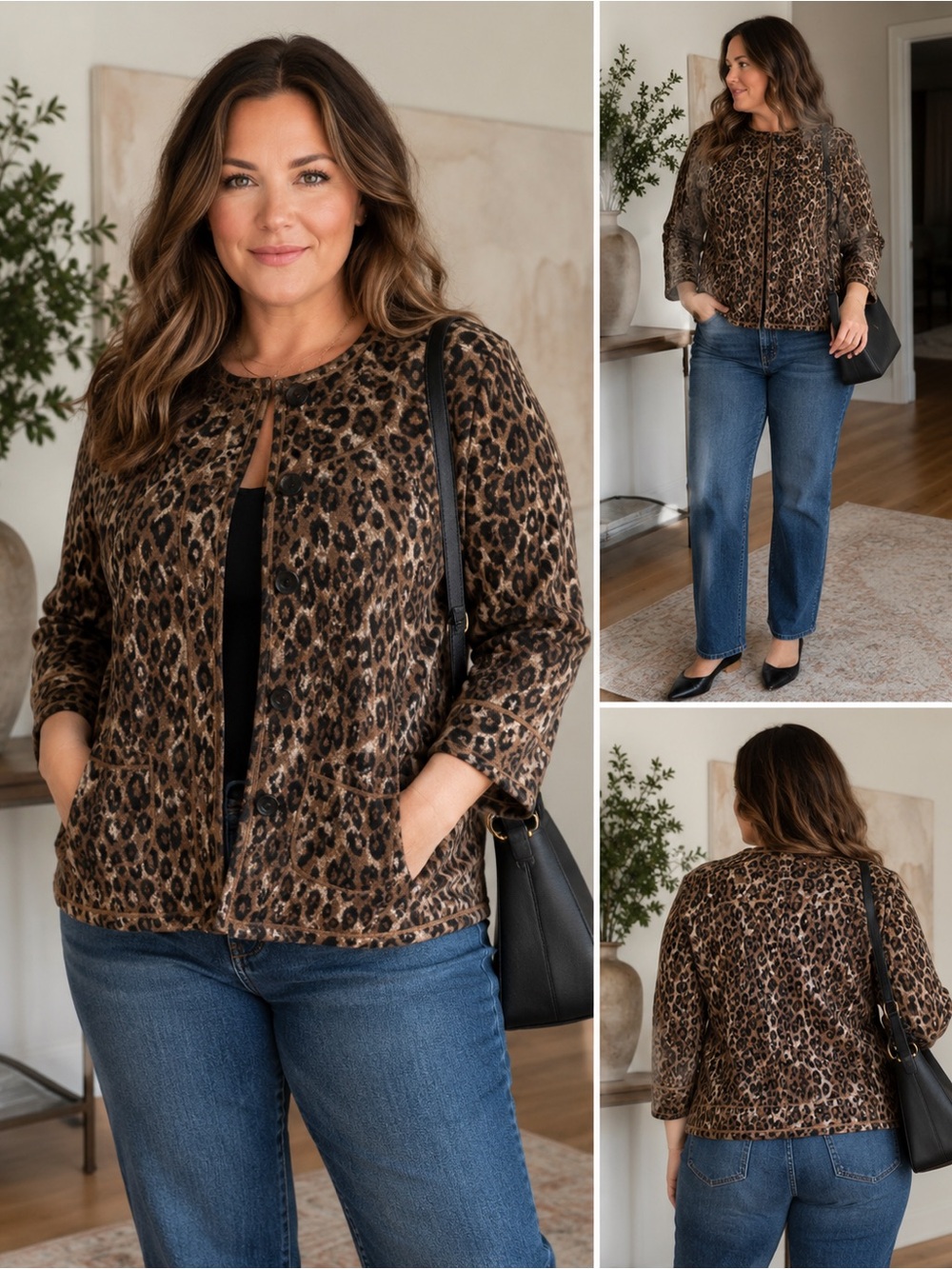Ruby Rd 100% Wool Red Black Leopard Button Up Jacket 3/4 Sleeve Size  S